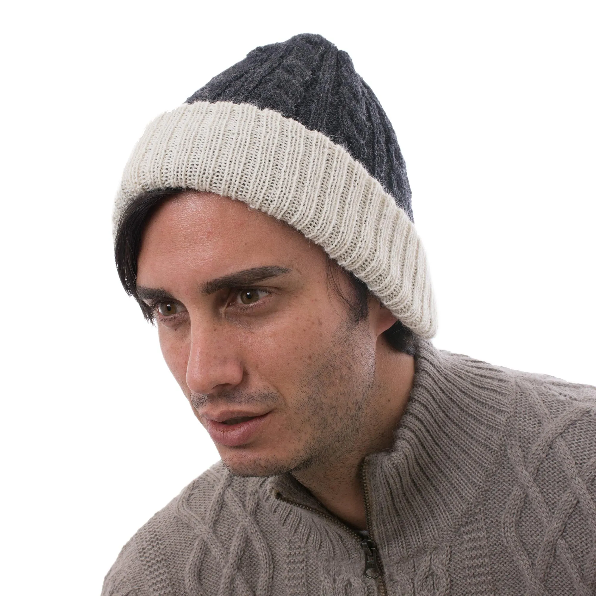 100% Alpaca White and Grey Reversible Knit Hat from Peru - Warm and Contented | NOVICA