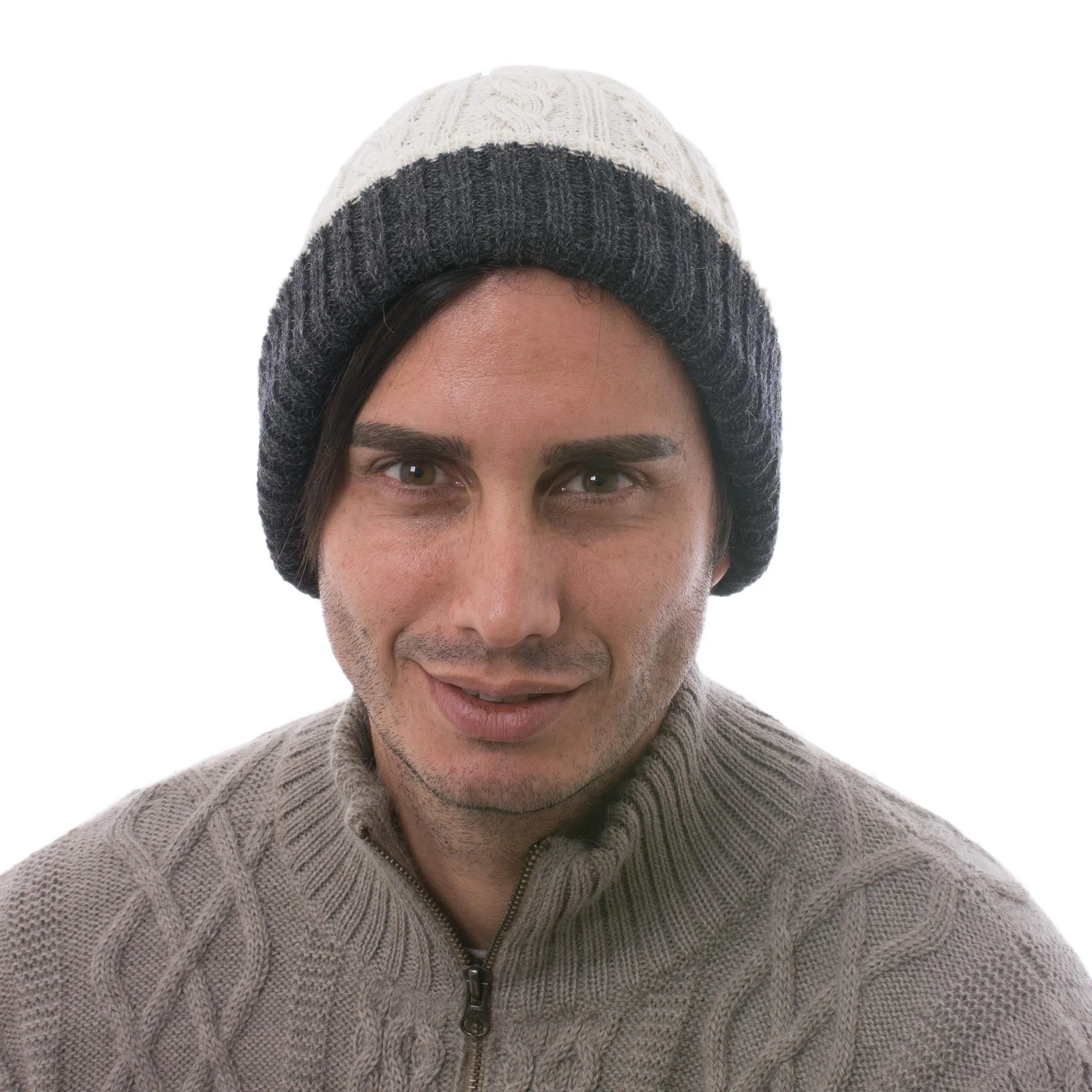 100% Alpaca White and Grey Reversible Knit Hat from Peru - Warm and Contented | NOVICA