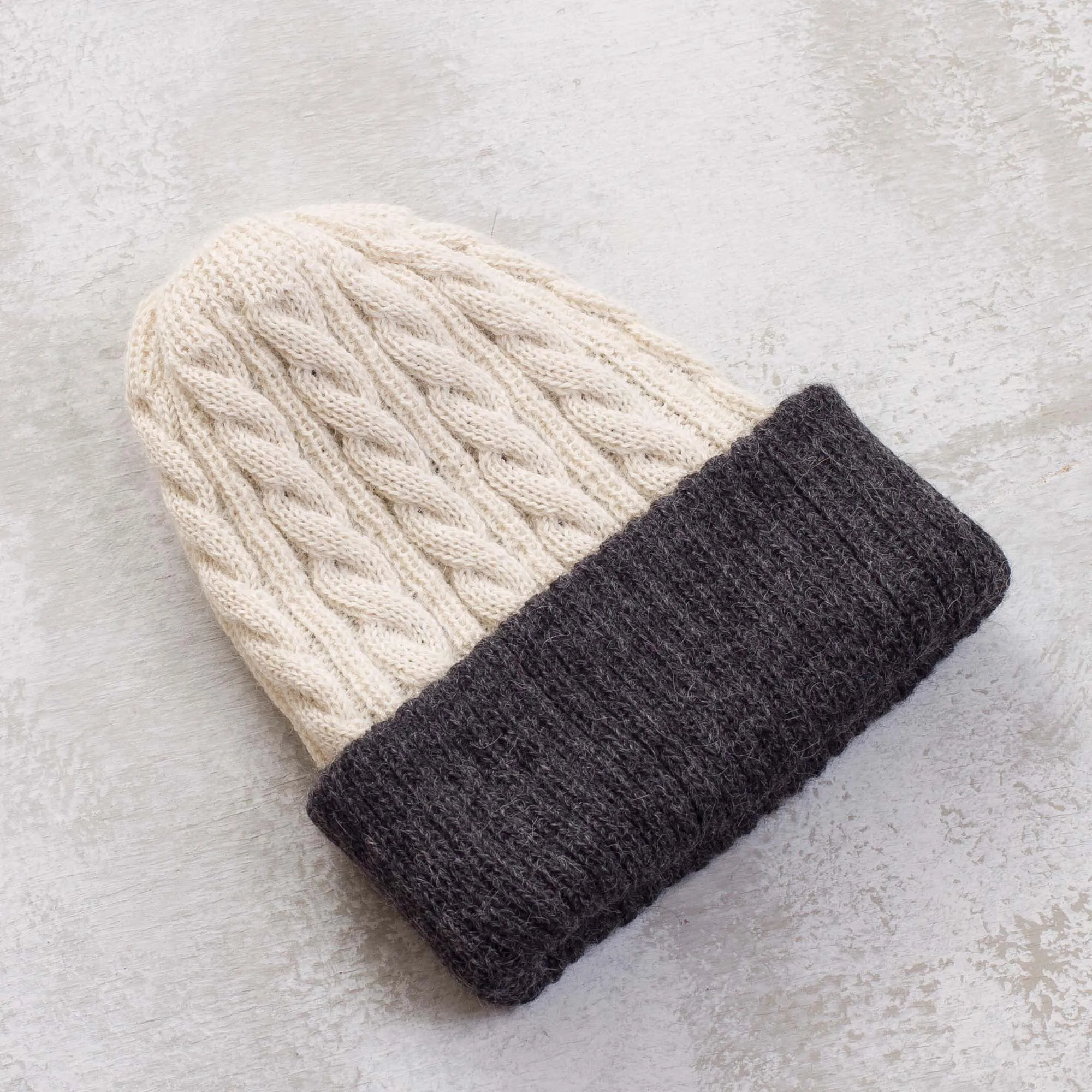 100% Alpaca White and Grey Reversible Knit Hat from Peru - Warm and Contented | NOVICA