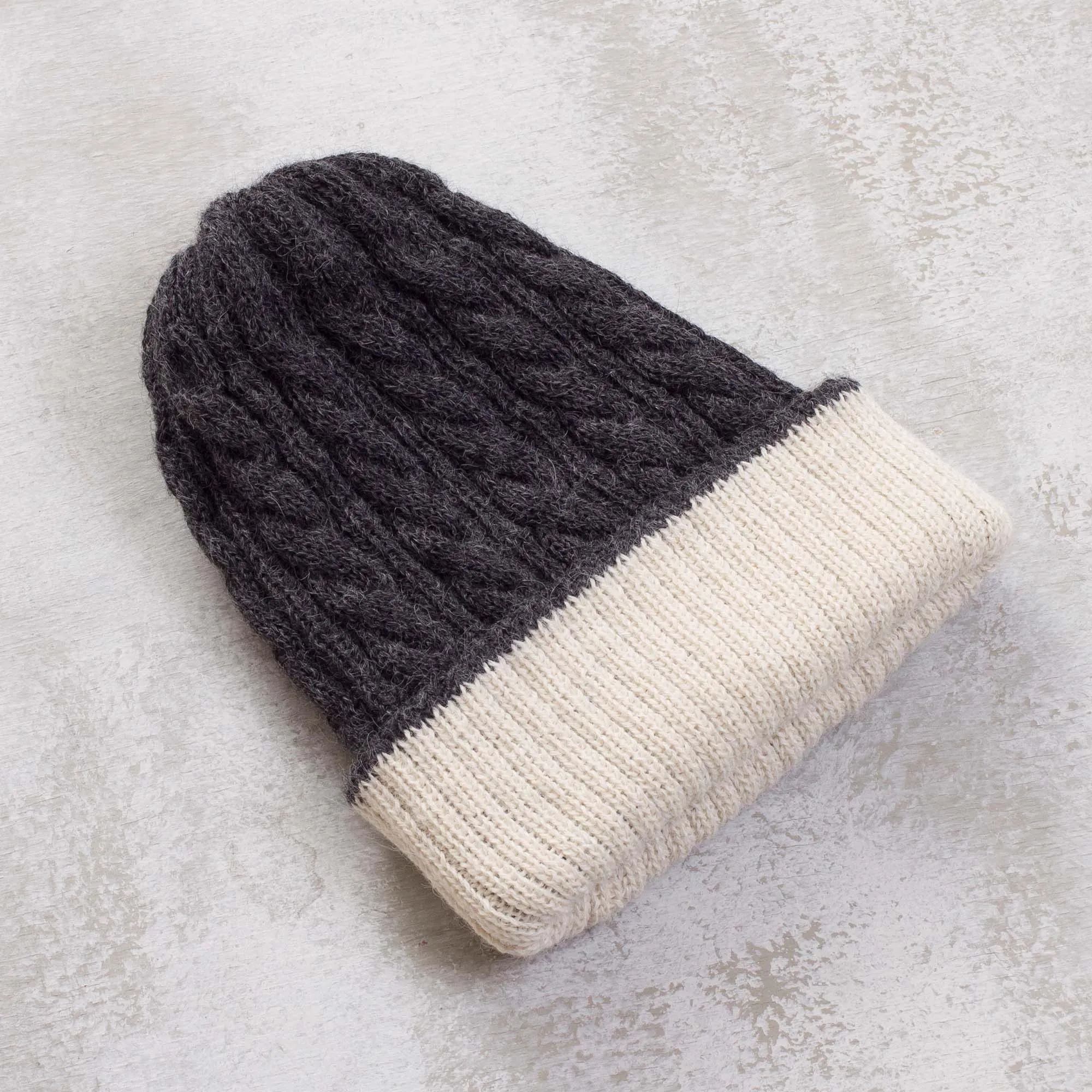 100% Alpaca White and Grey Reversible Knit Hat from Peru - Warm and Contented | NOVICA