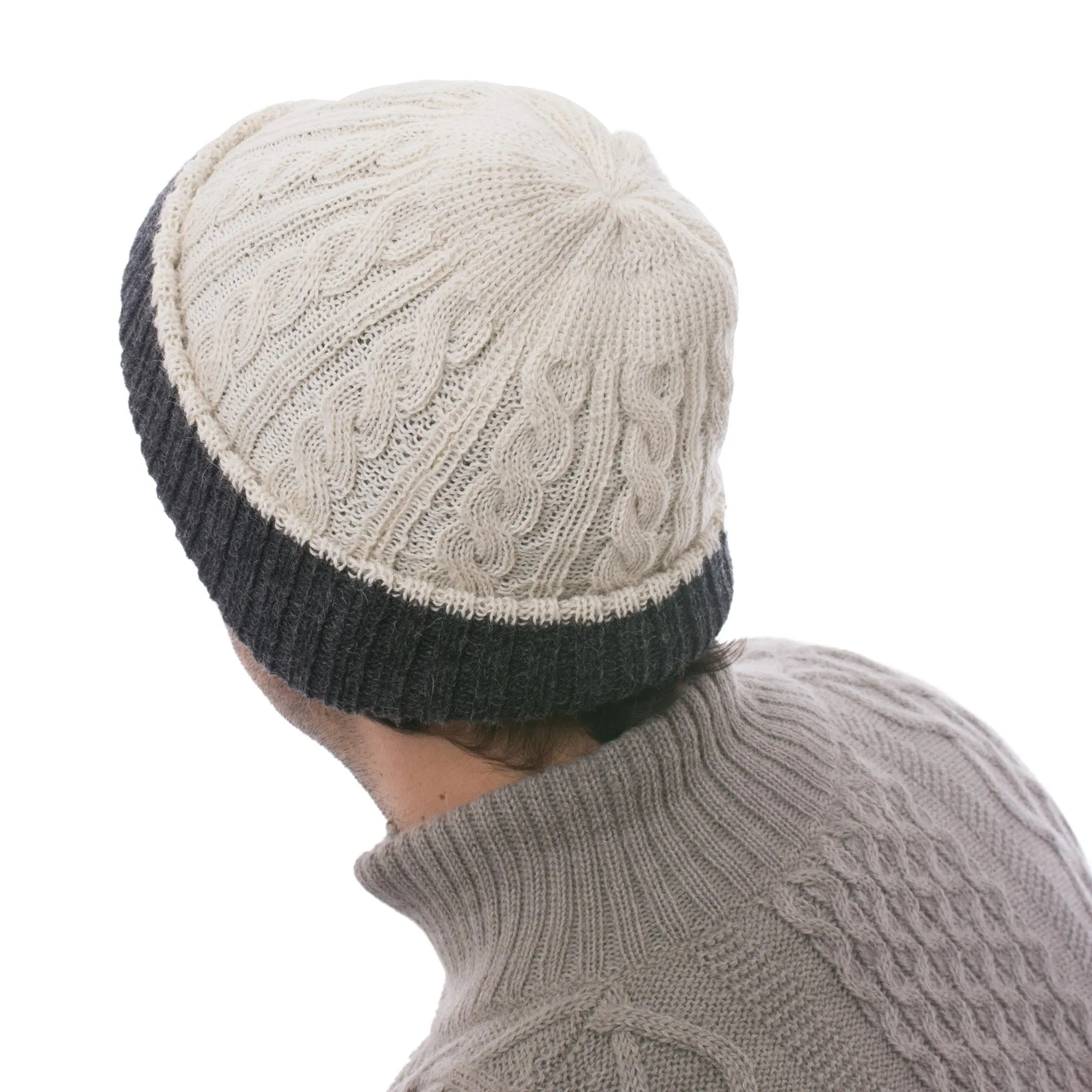 100% Alpaca White and Grey Reversible Knit Hat from Peru - Warm and Contented | NOVICA