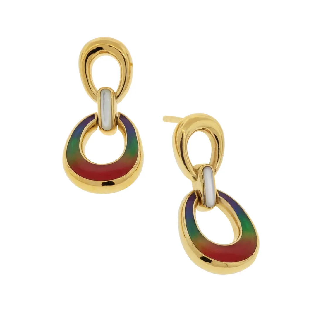 18K Gold Vermeil with Mother of Pearl and Hand Painted Enamel Sterling Silver 2-Tiered Drop Earrings