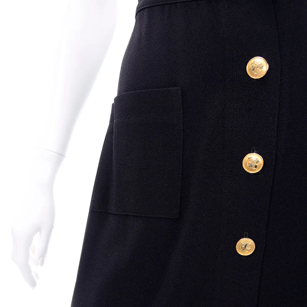 1980s Sonia Rykiel Black Midi Skirt w/ Gold Buttons