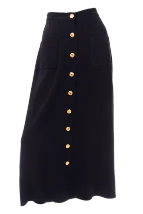 1980s Sonia Rykiel Black Midi Skirt w/ Gold Buttons