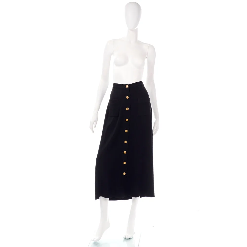 1980s Sonia Rykiel Black Midi Skirt w/ Gold Buttons