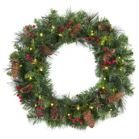 24in Pre-Lit 50 Light Spruce Christmas Wreath w/ Pine Cones, Berries