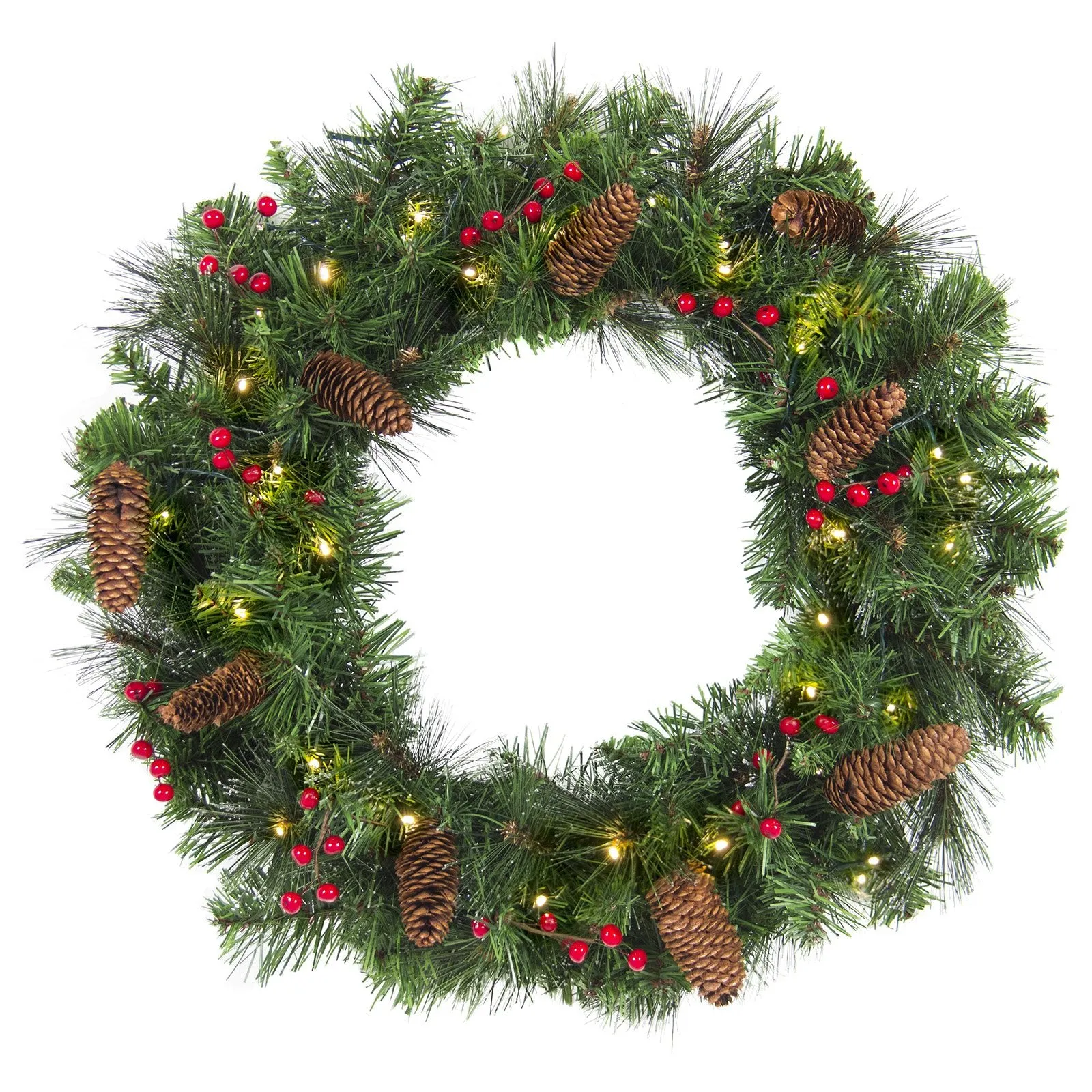 24in Pre-Lit 50 Light Spruce Christmas Wreath w/ Pine Cones, Berries