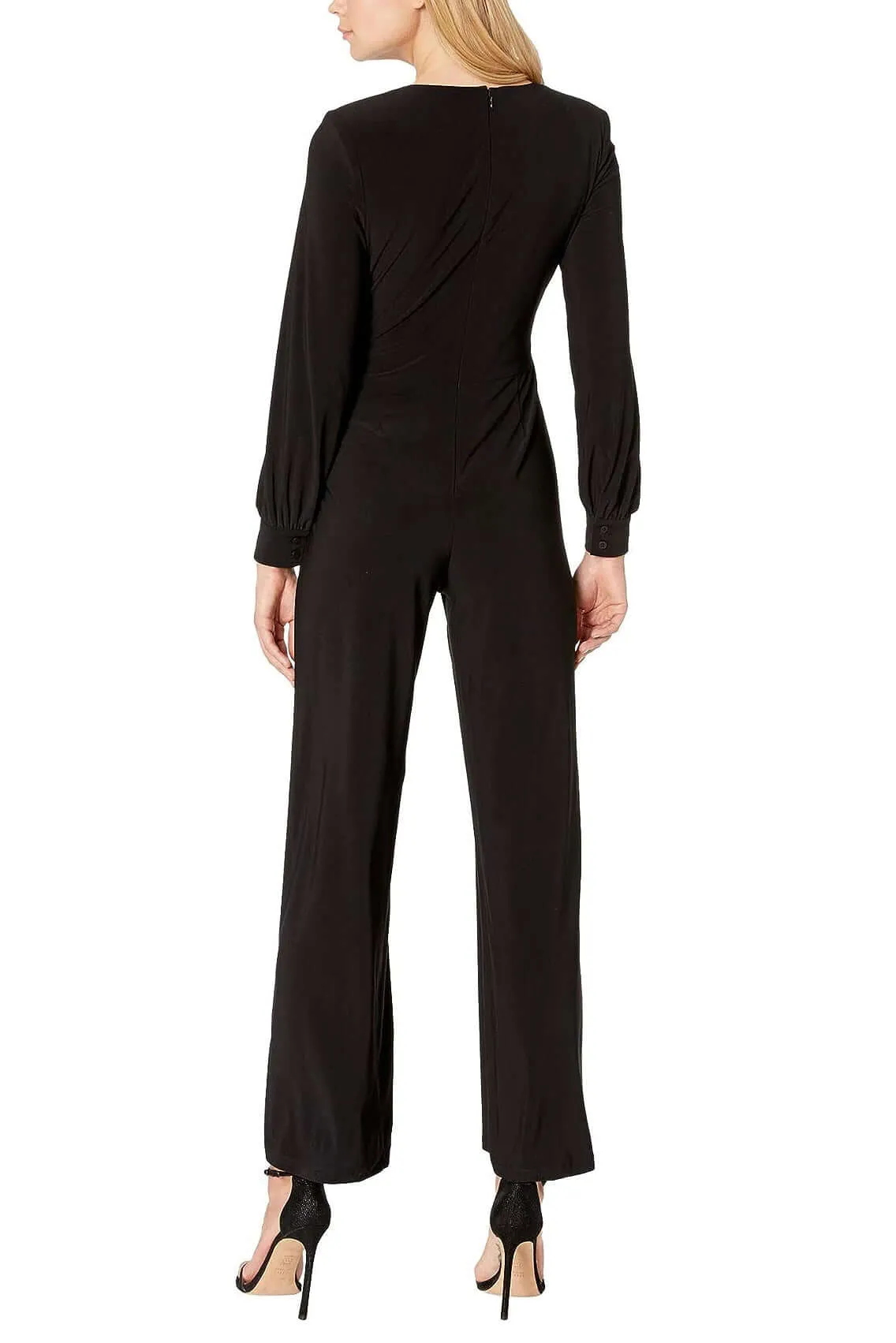 Adrianna Papell V-Neck Ruched Long Sleeve Zipper Back Solid Jersey Jumpsuit