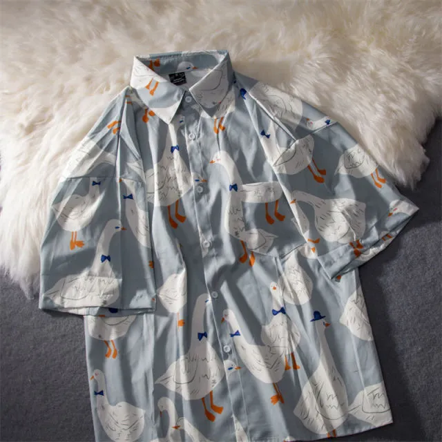 Aidase Casual Street Printed Short Long Sleeve Duck Print Shirt Women Men  Hawaii Beach Oversize Fashion Harujuku Shirts Couple New