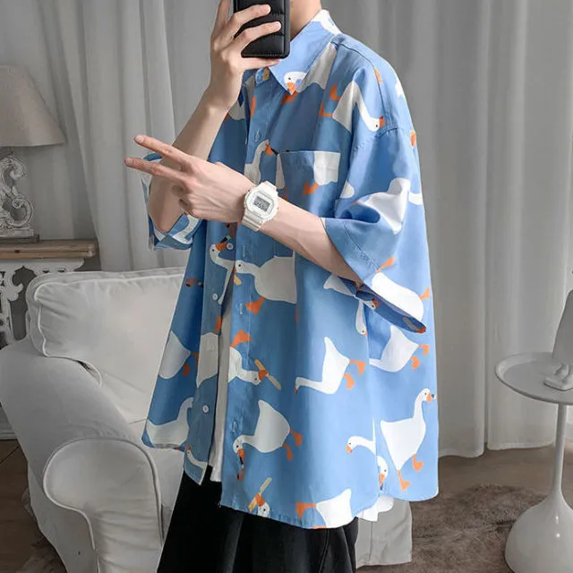 Aidase Casual Street Printed Short Long Sleeve Duck Print Shirt Women Men  Hawaii Beach Oversize Fashion Harujuku Shirts Couple New