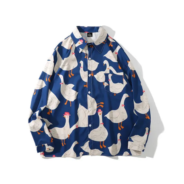 Aidase Casual Street Printed Short Long Sleeve Duck Print Shirt Women Men  Hawaii Beach Oversize Fashion Harujuku Shirts Couple New