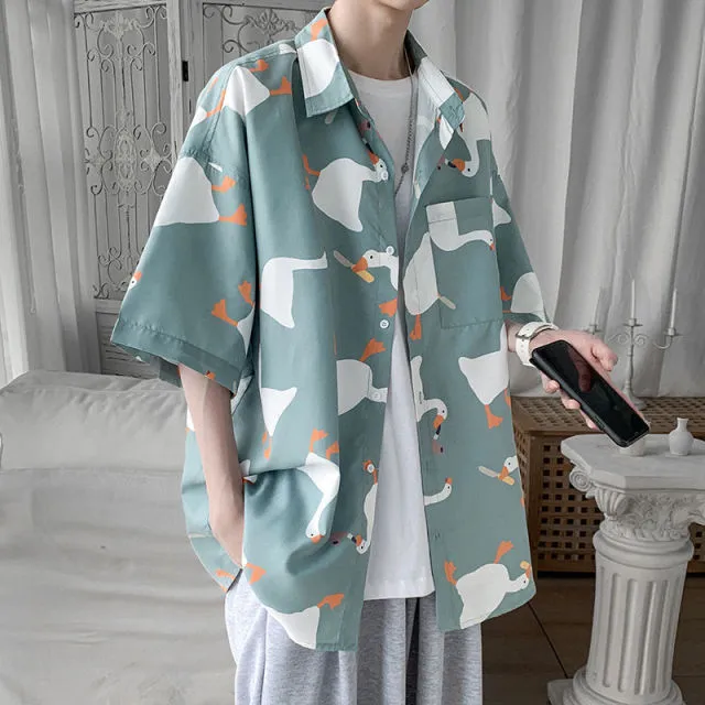 Aidase Casual Street Printed Short Long Sleeve Duck Print Shirt Women Men  Hawaii Beach Oversize Fashion Harujuku Shirts Couple New