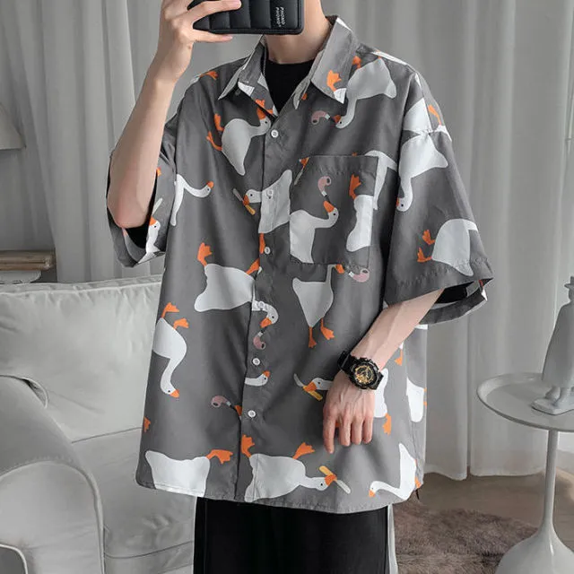 Aidase Casual Street Printed Short Long Sleeve Duck Print Shirt Women Men  Hawaii Beach Oversize Fashion Harujuku Shirts Couple New