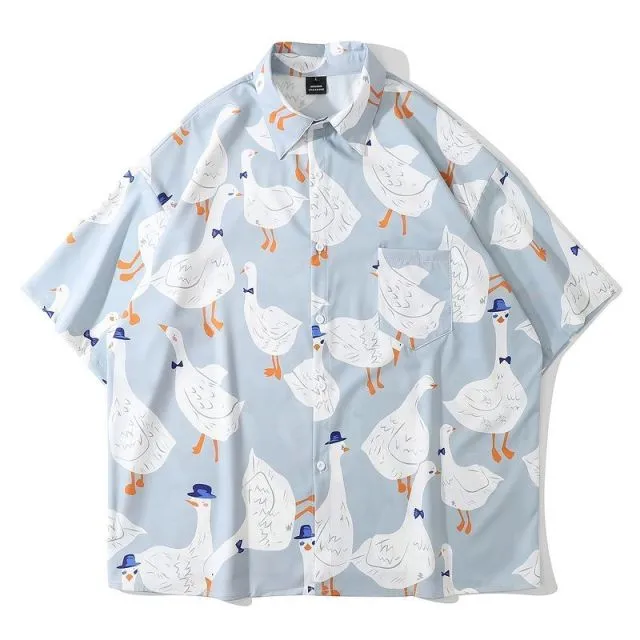 Aidase Casual Street Printed Short Long Sleeve Duck Print Shirt Women Men  Hawaii Beach Oversize Fashion Harujuku Shirts Couple New