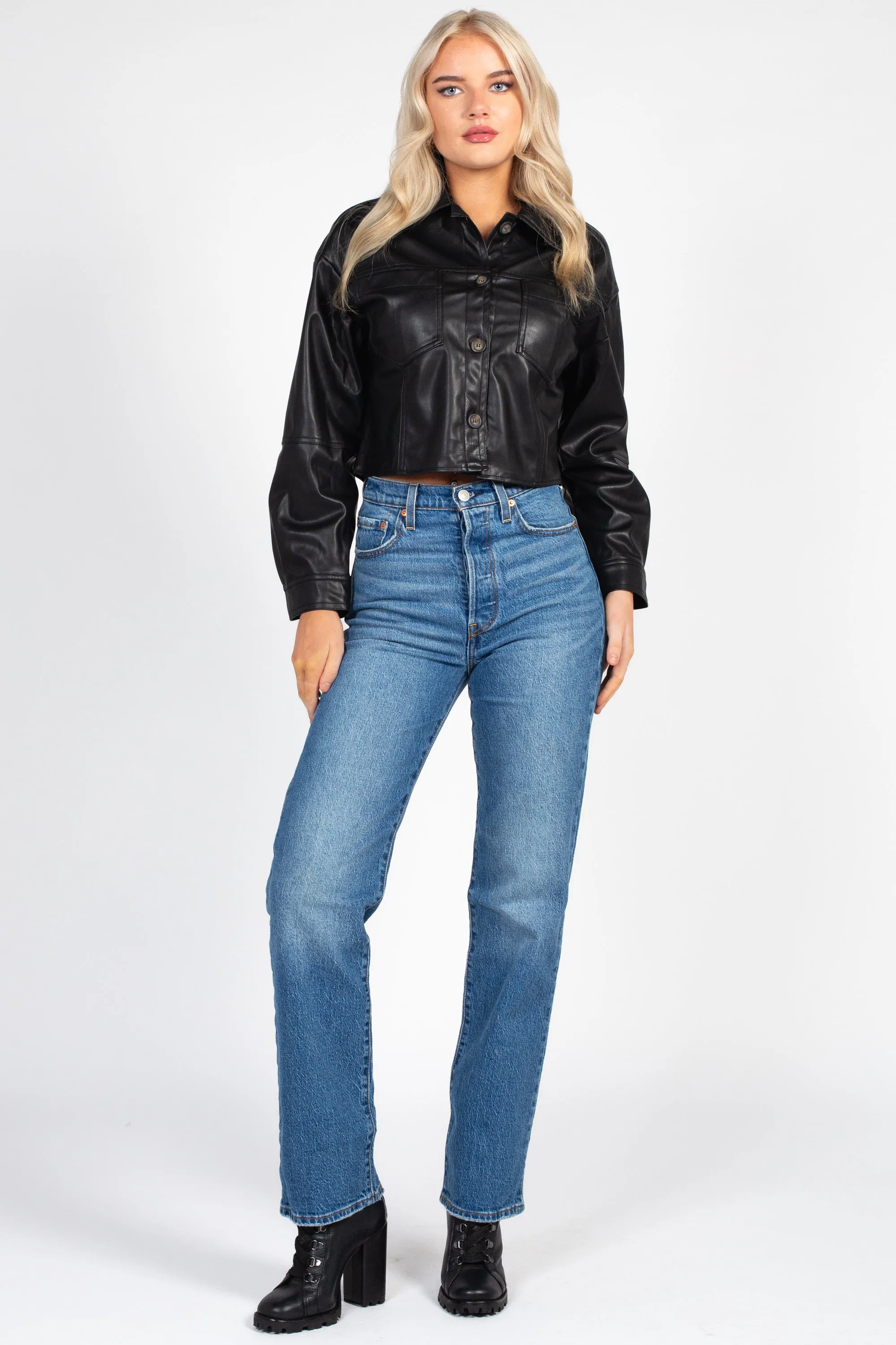 Avery Cropped Faux Leather Shacket