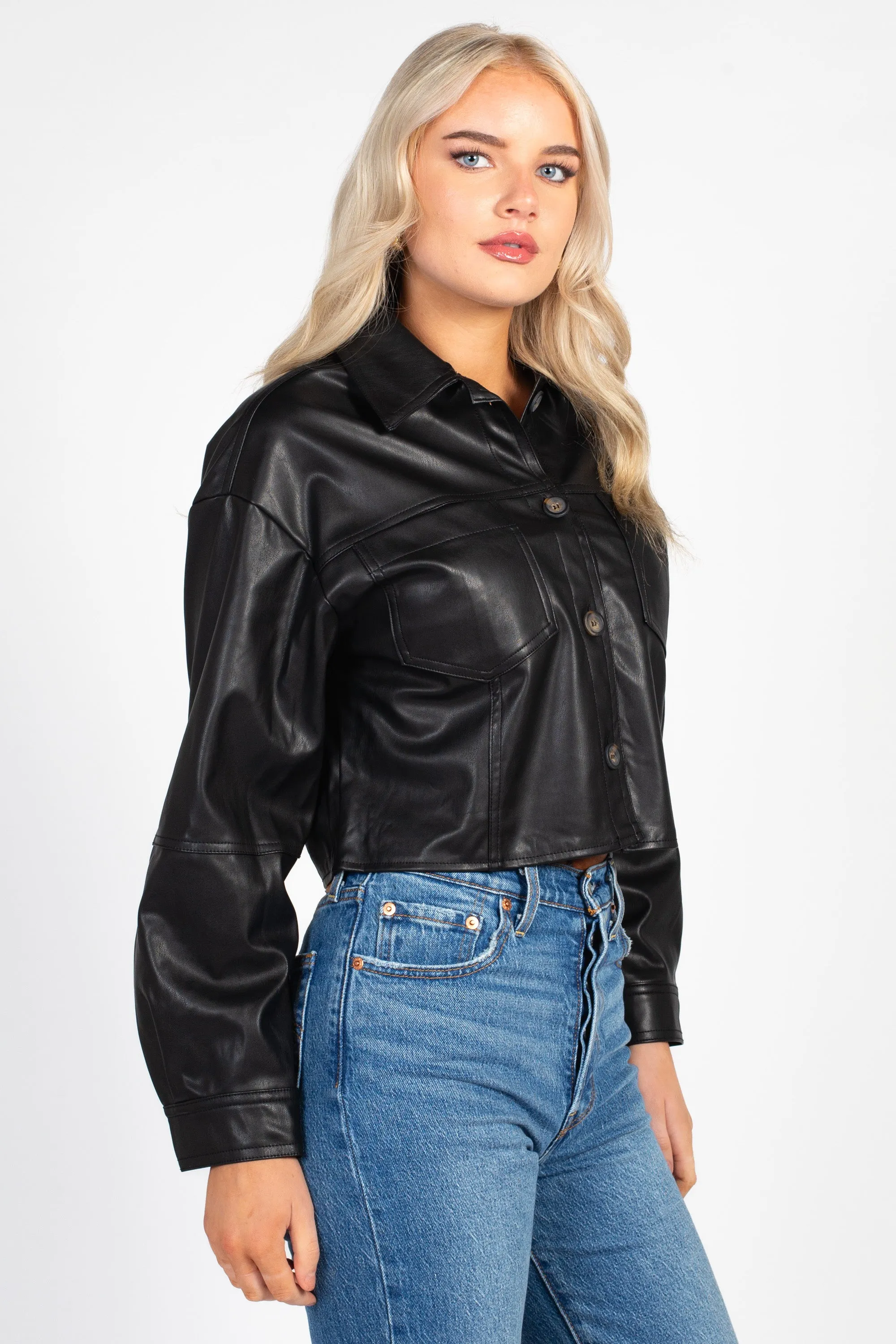 Avery Cropped Faux Leather Shacket