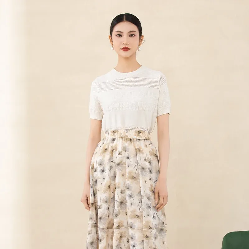 Beige Printed Flower Pattern Skirts