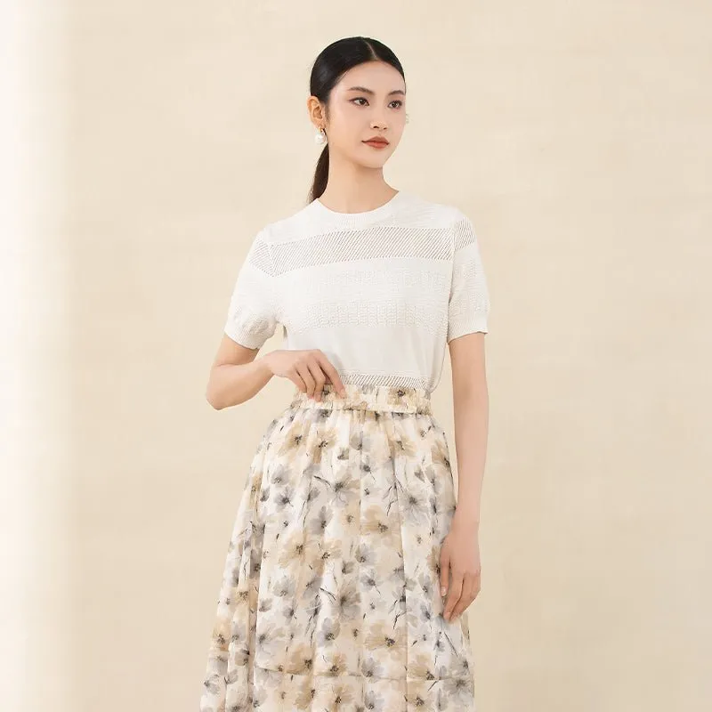 Beige Printed Flower Pattern Skirts