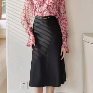 Belted A-Line Black Midi Skirt