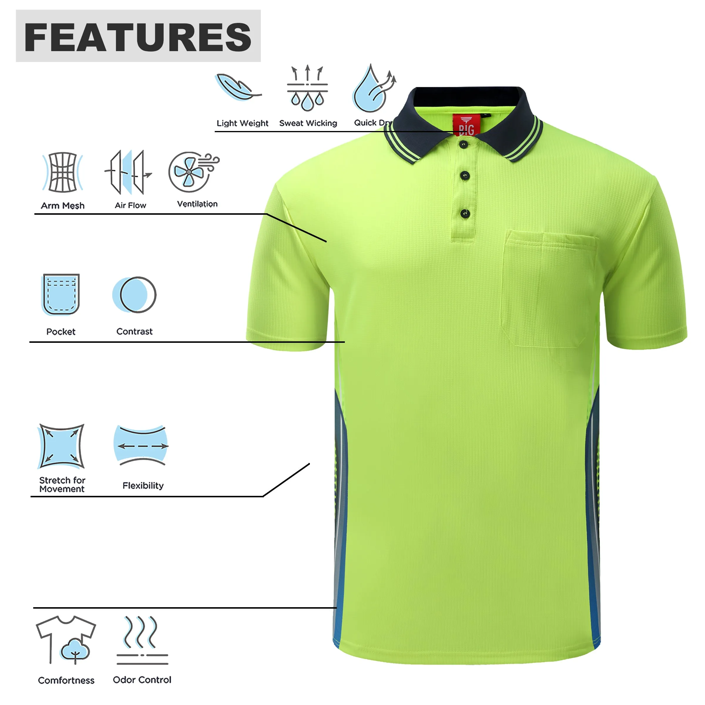 Big Bee Mens Hi Vis Polo Shirts, Tech-Vent