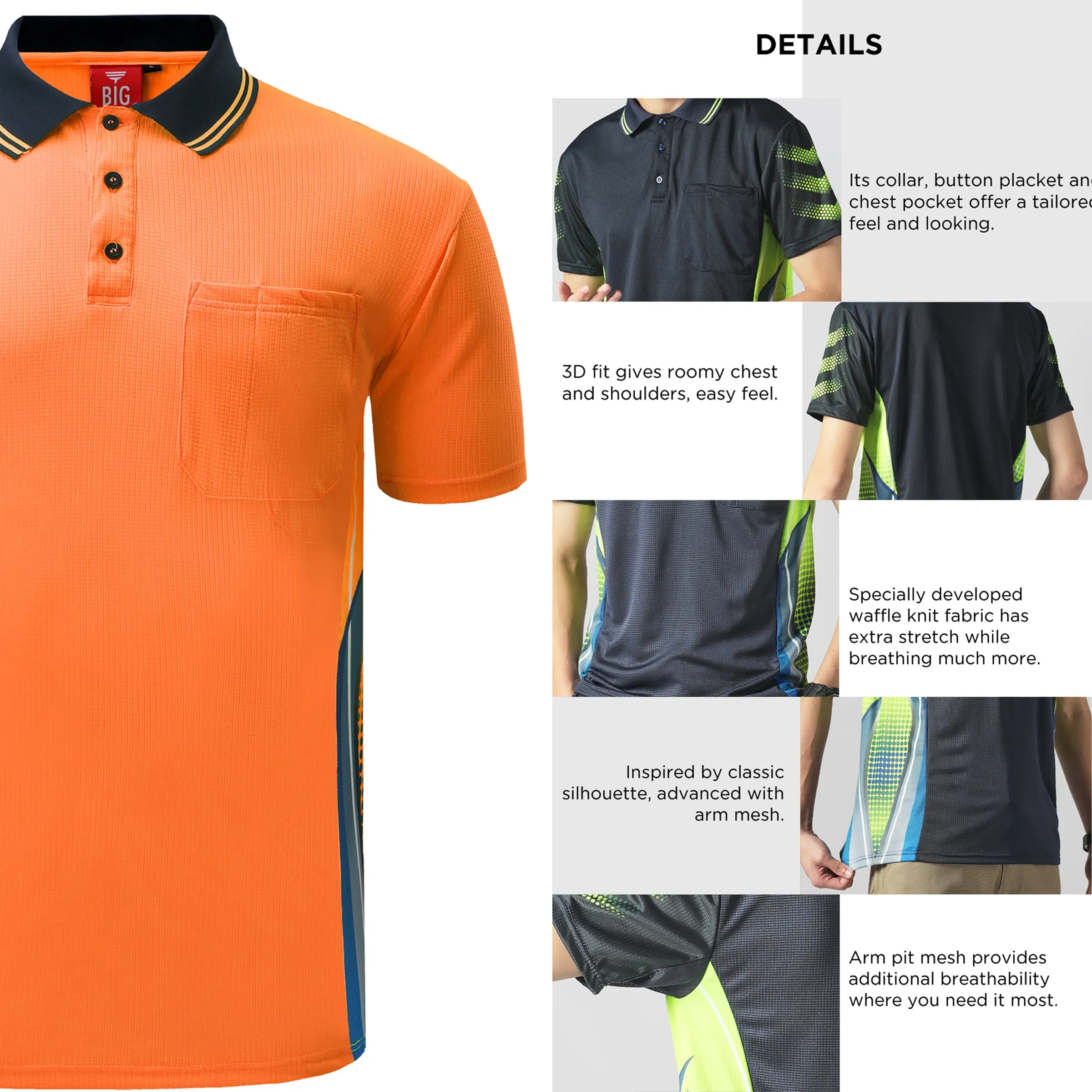 Big Bee Mens Hi Vis Polo Shirts, Tech-Vent