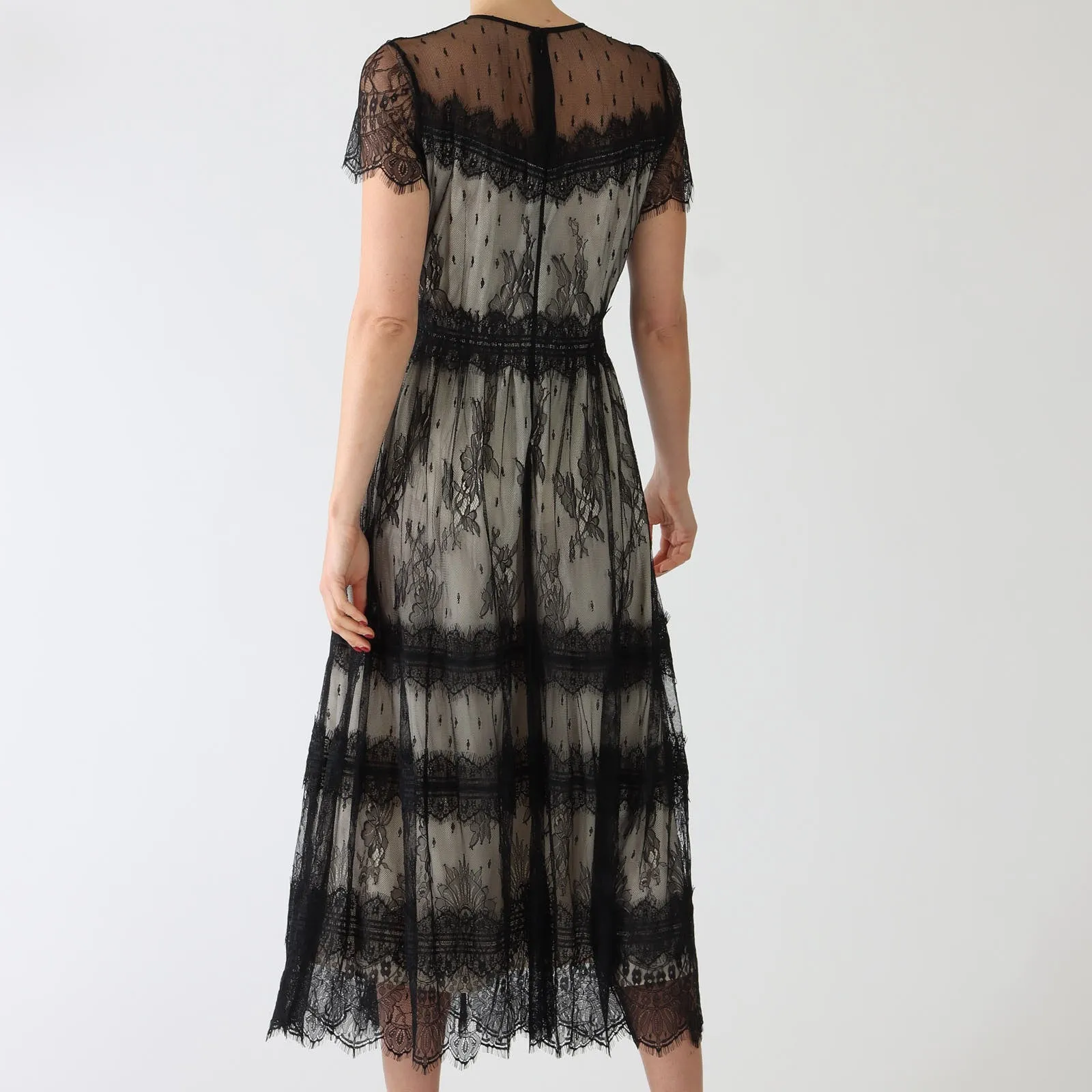 Black Tiered Lace Midi Dress