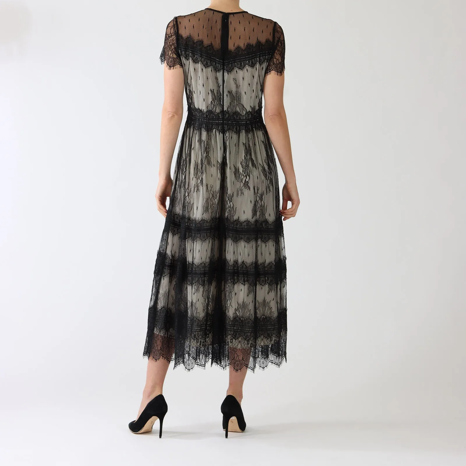 Black Tiered Lace Midi Dress