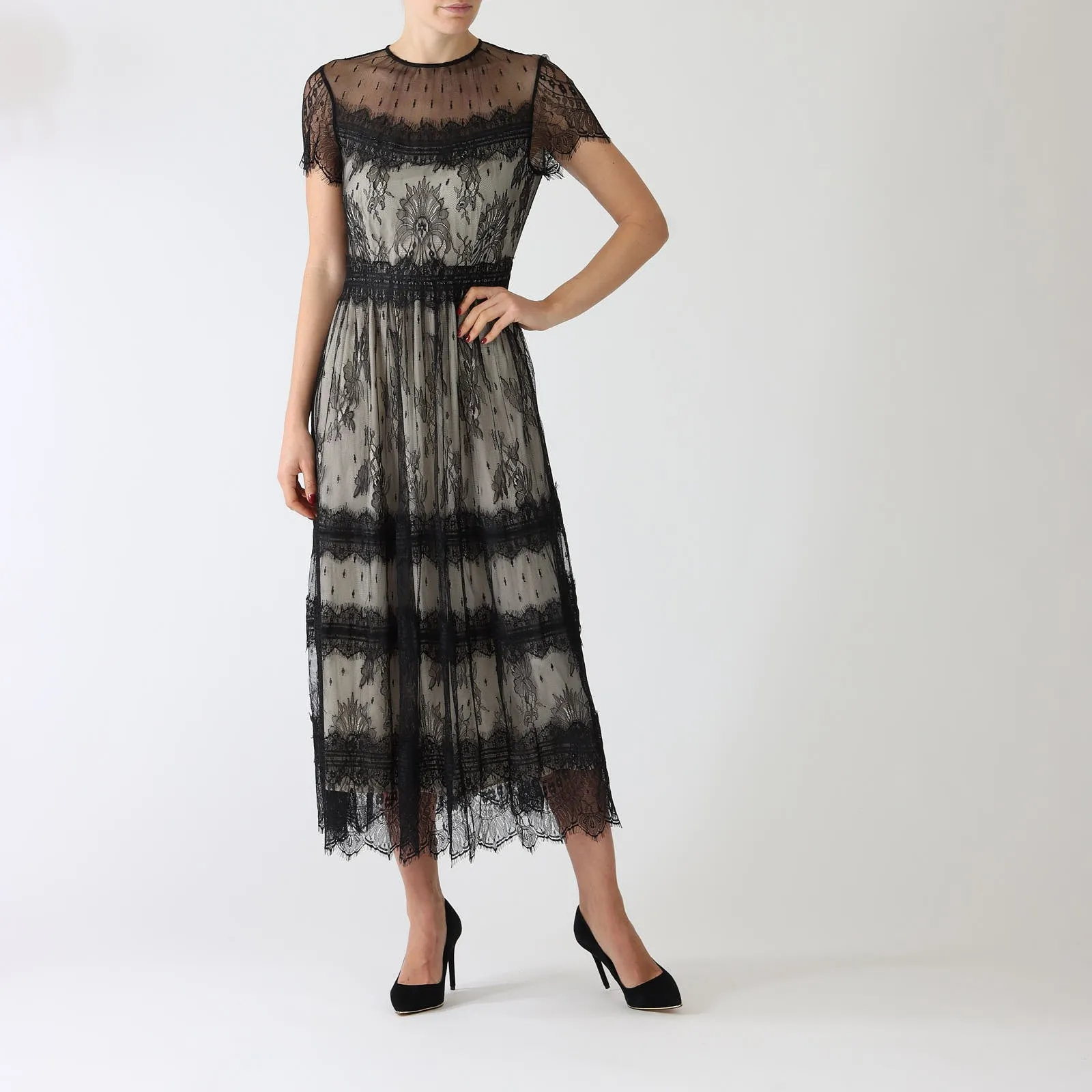 Black Tiered Lace Midi Dress