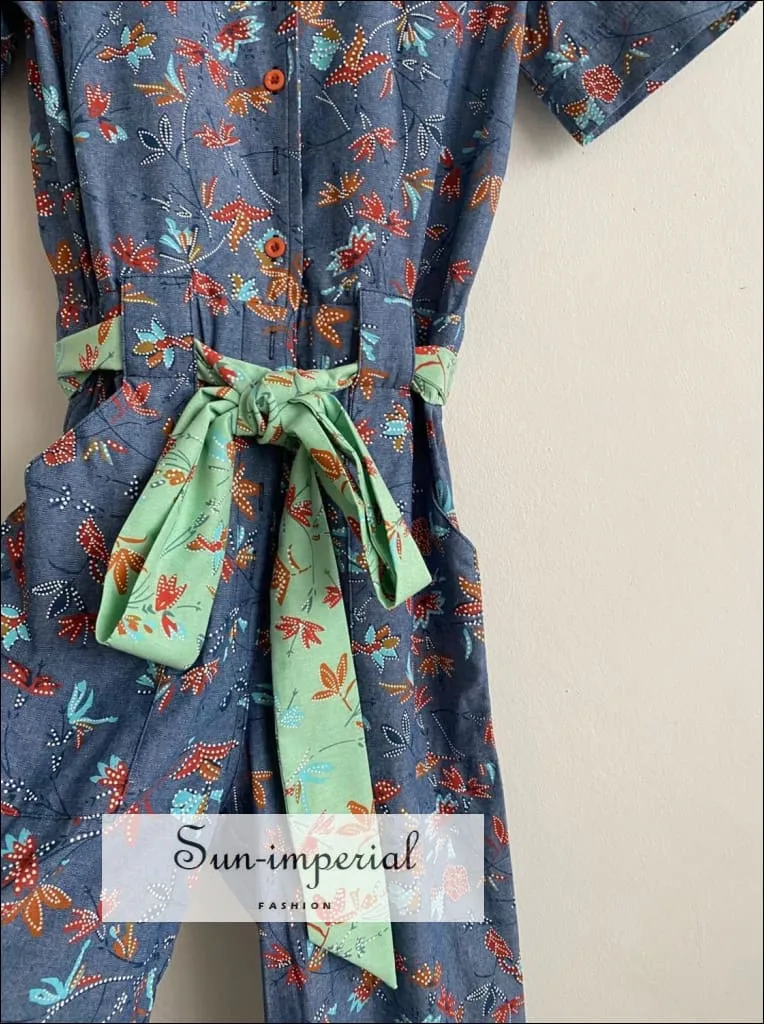 Blue Floral Print Women Jumpsuit Short Sleeve Turn-down Collar Tie Waist Women Jumpsuit