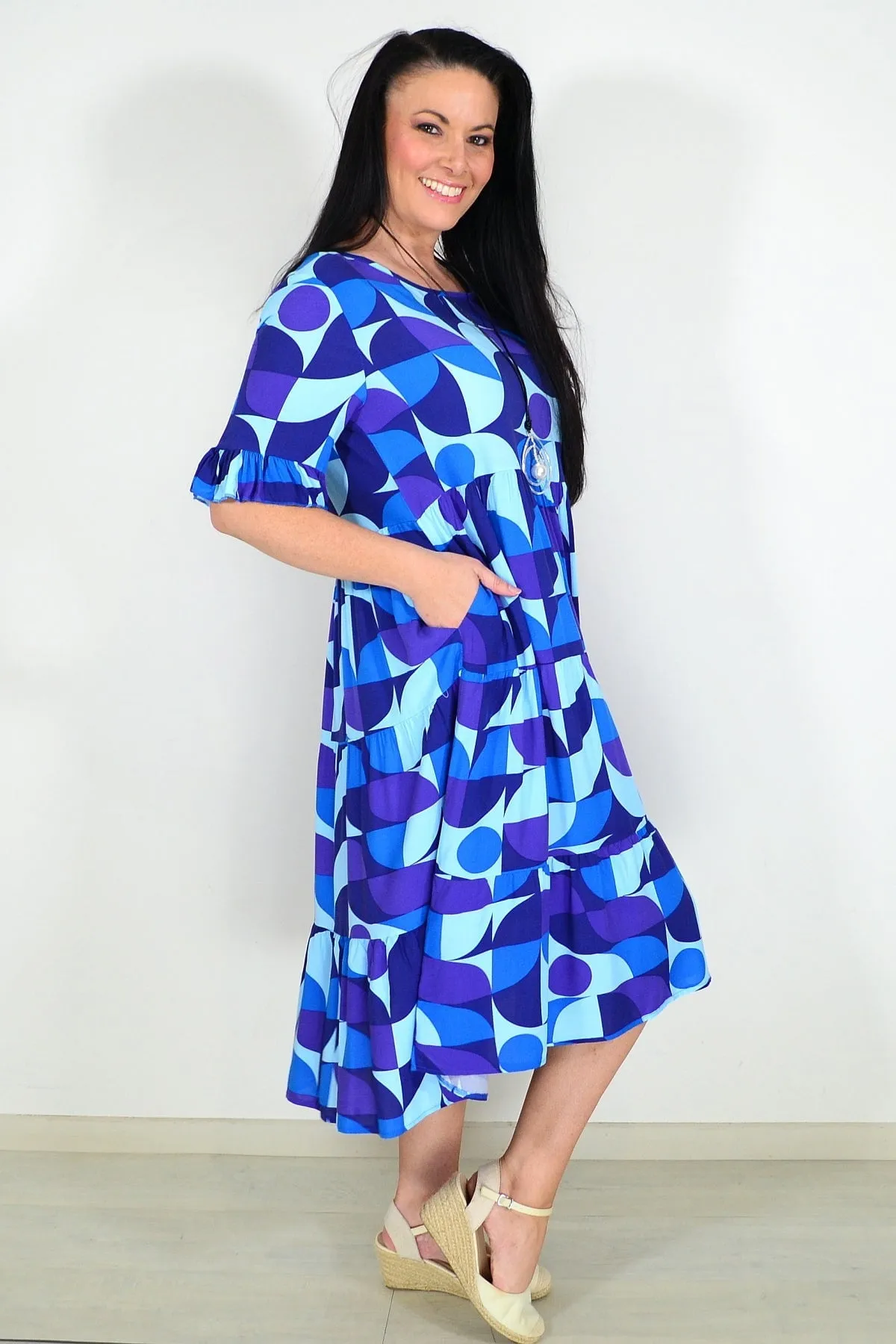 Blue Purple Geometric Midi Dress