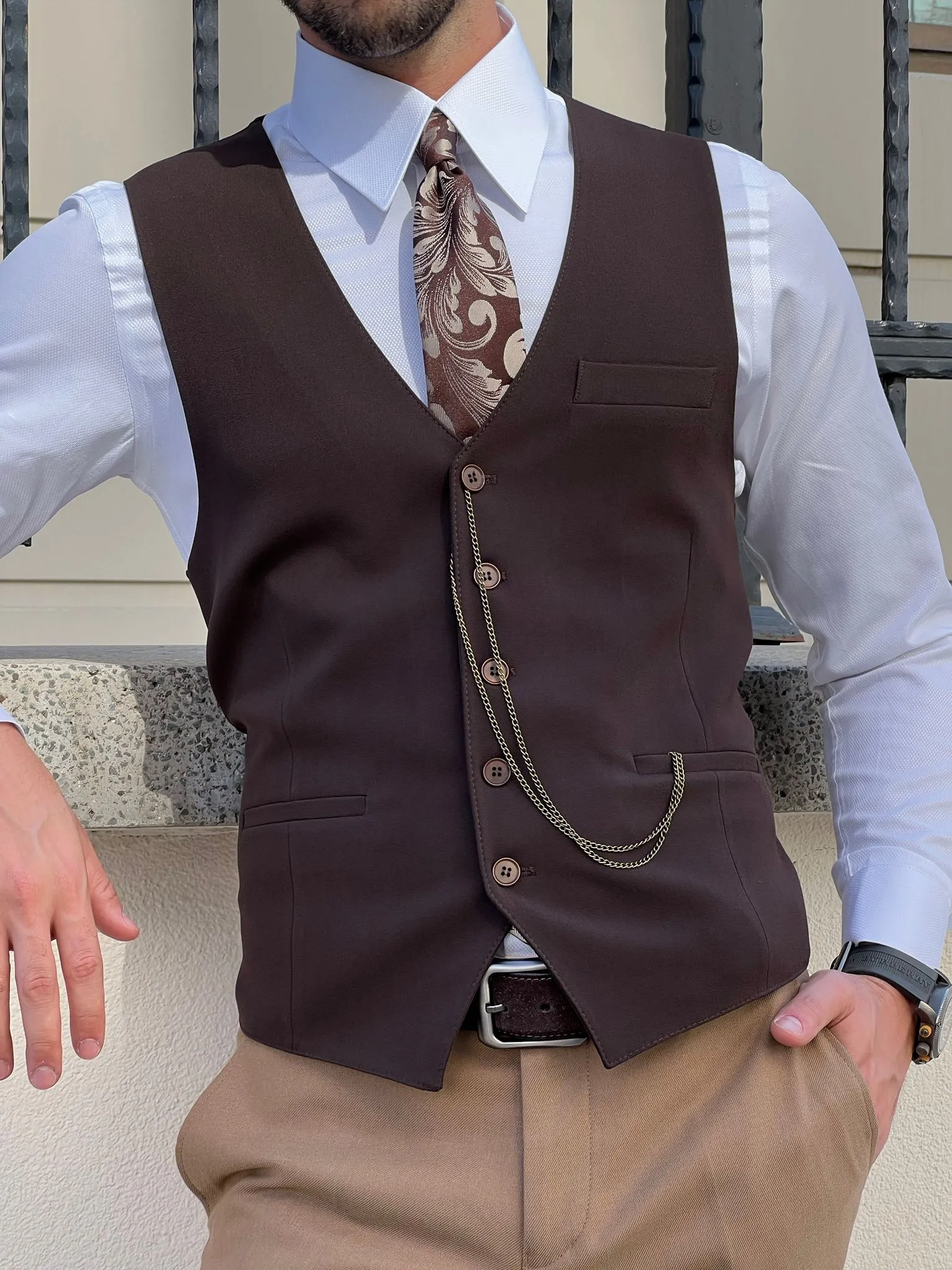 Bojoni Astoria Slim Fit Woolen Brown  Vest