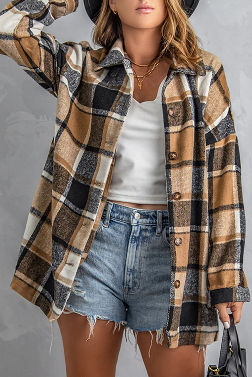 Brown Plaid Button Up Long Sleeve Flannel Shacket