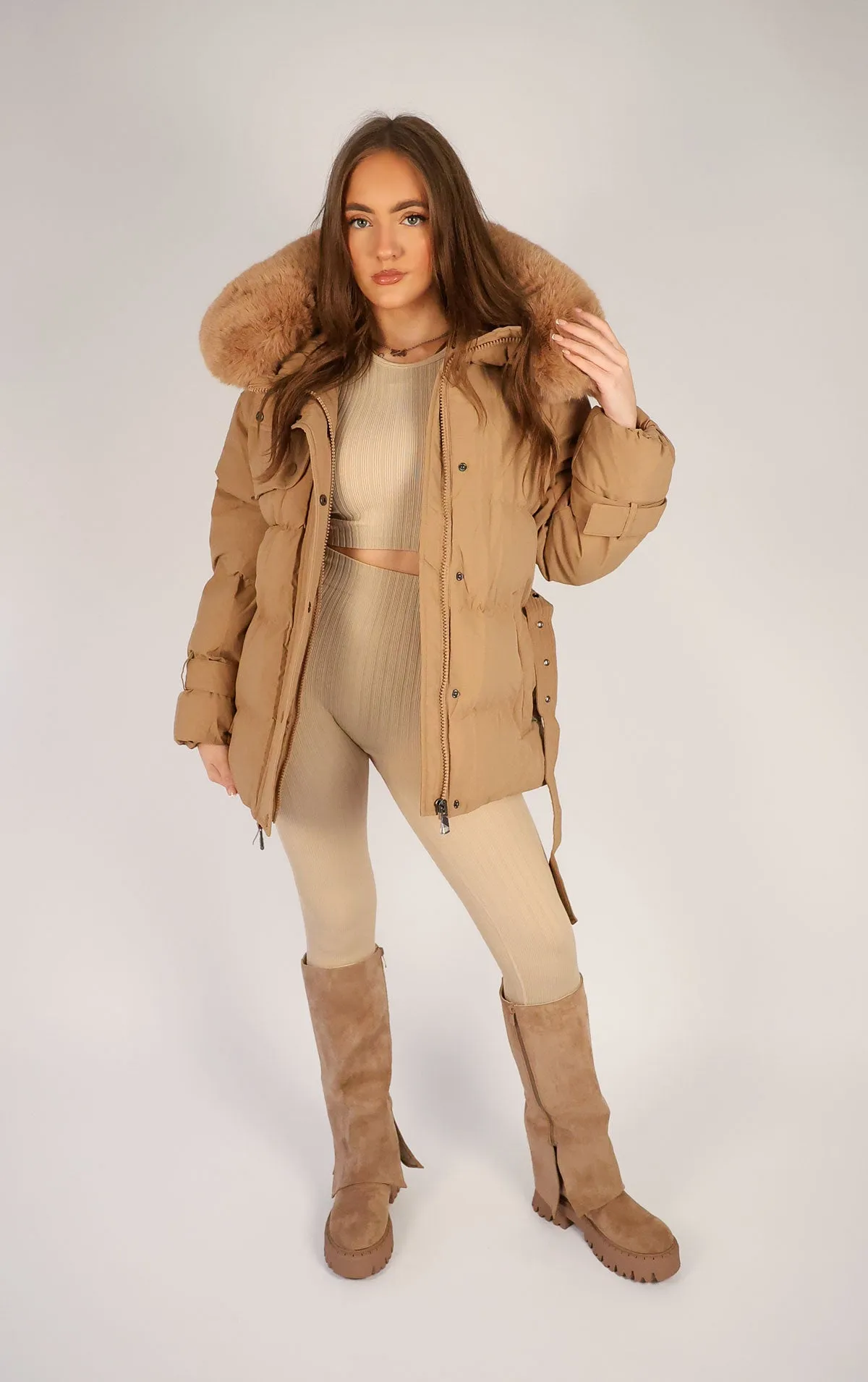 Camel Puffer Coat With Faux Fur Trim Hood and Waist Belt