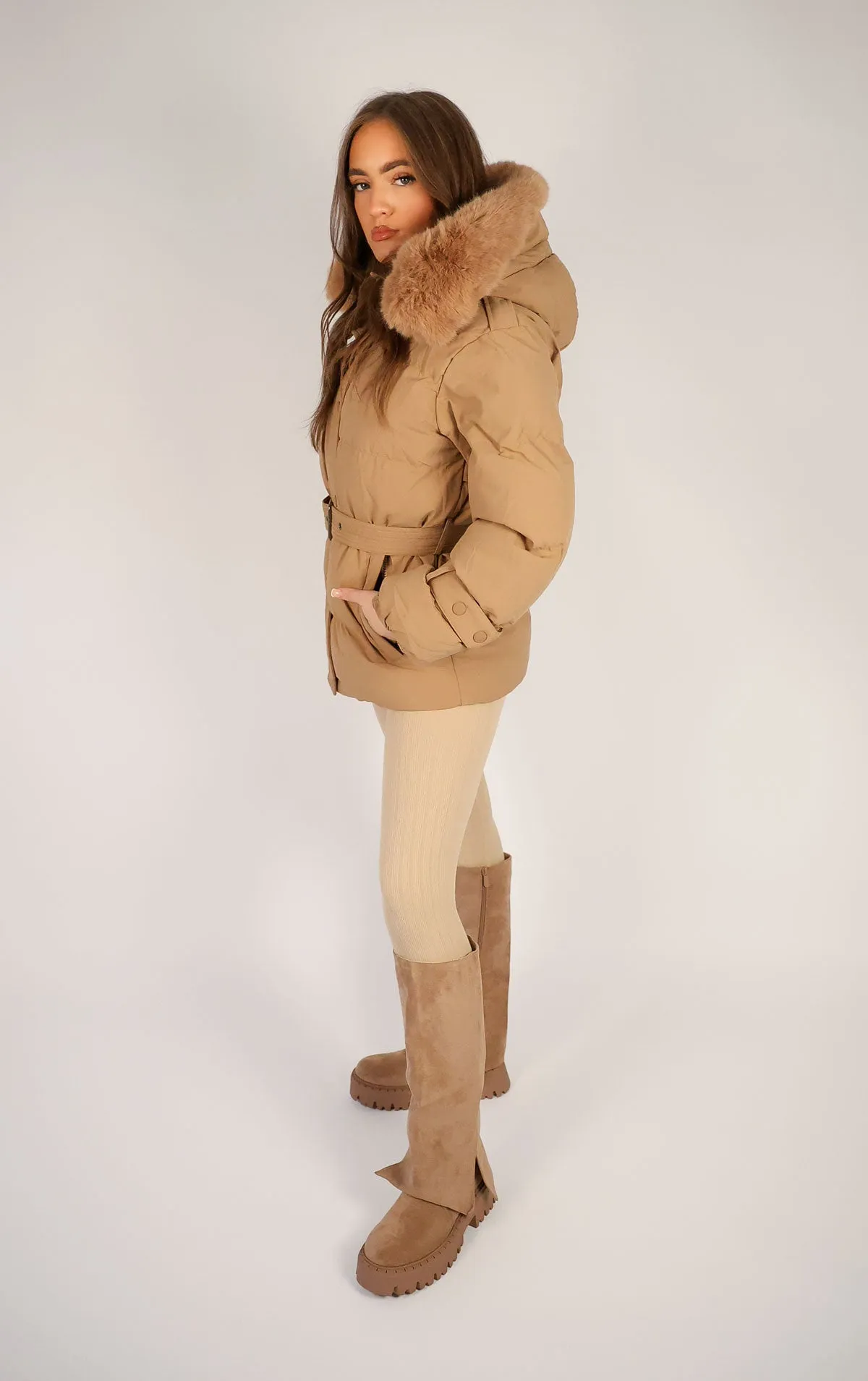 Camel Puffer Coat With Faux Fur Trim Hood and Waist Belt