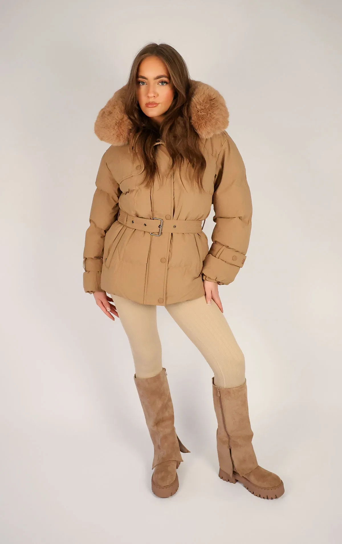 Camel Puffer Coat With Faux Fur Trim Hood and Waist Belt