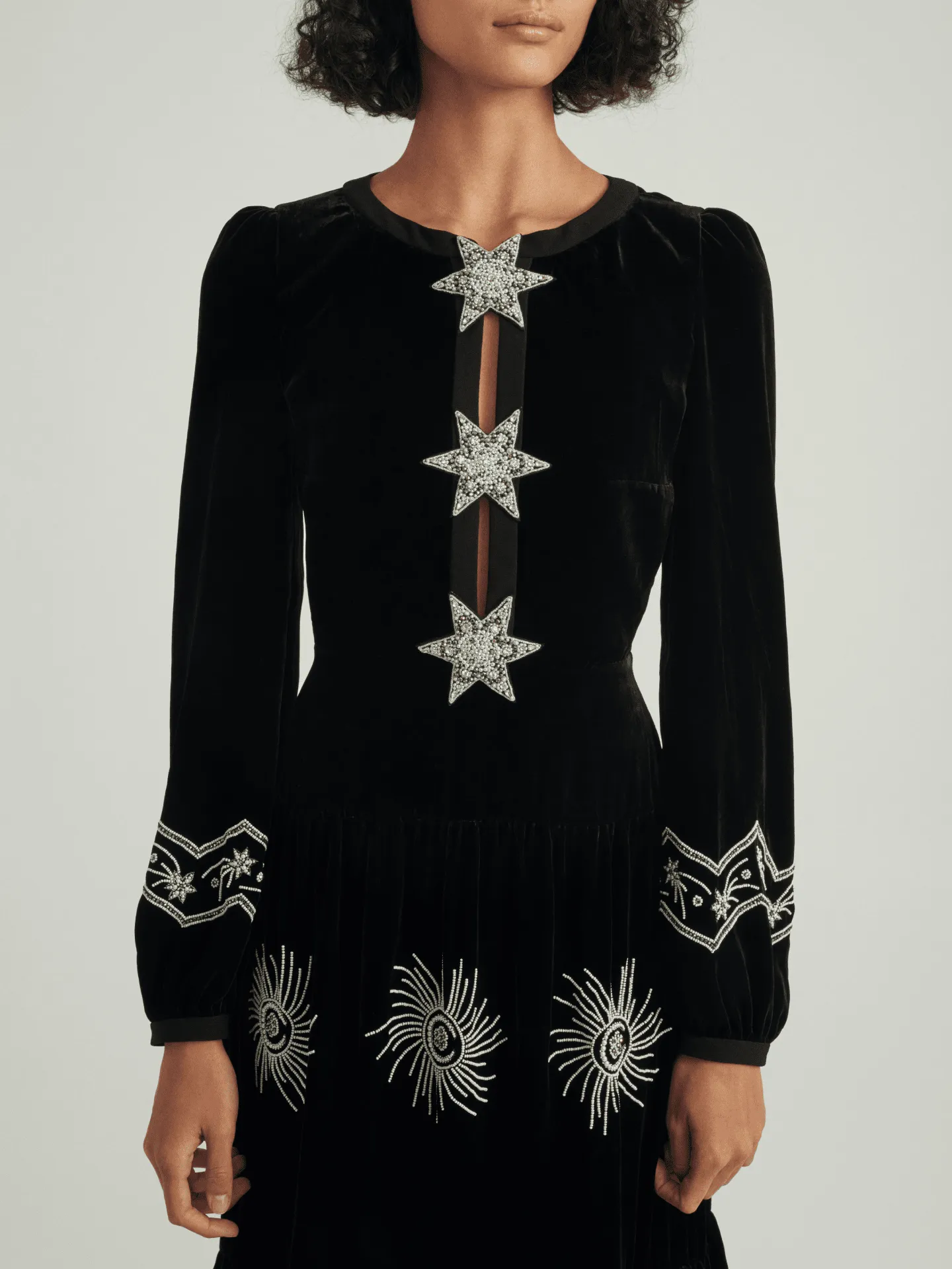 Camille B embellished pearl stars velvet dress in black