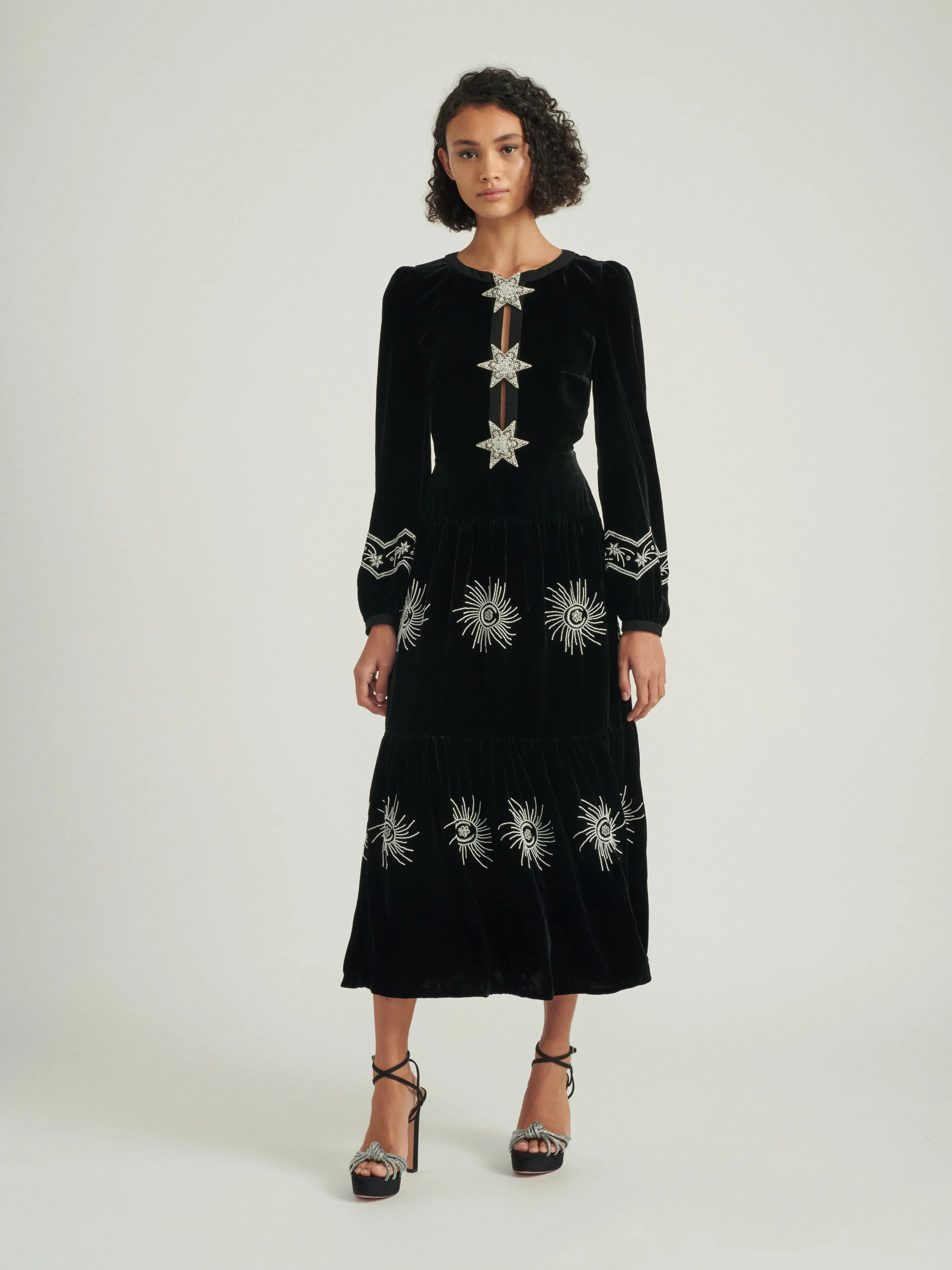 Camille B embellished pearl stars velvet dress in black