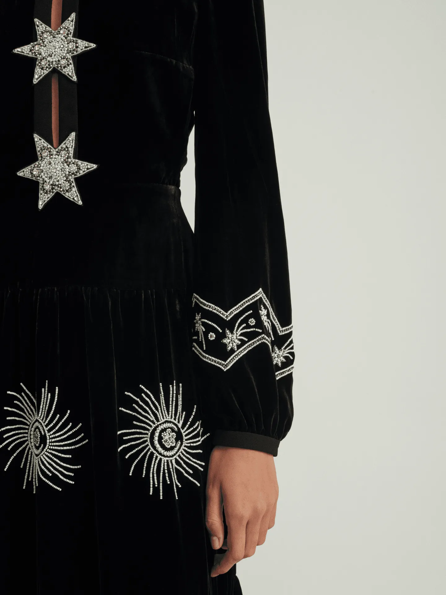 Camille B embellished pearl stars velvet dress in black