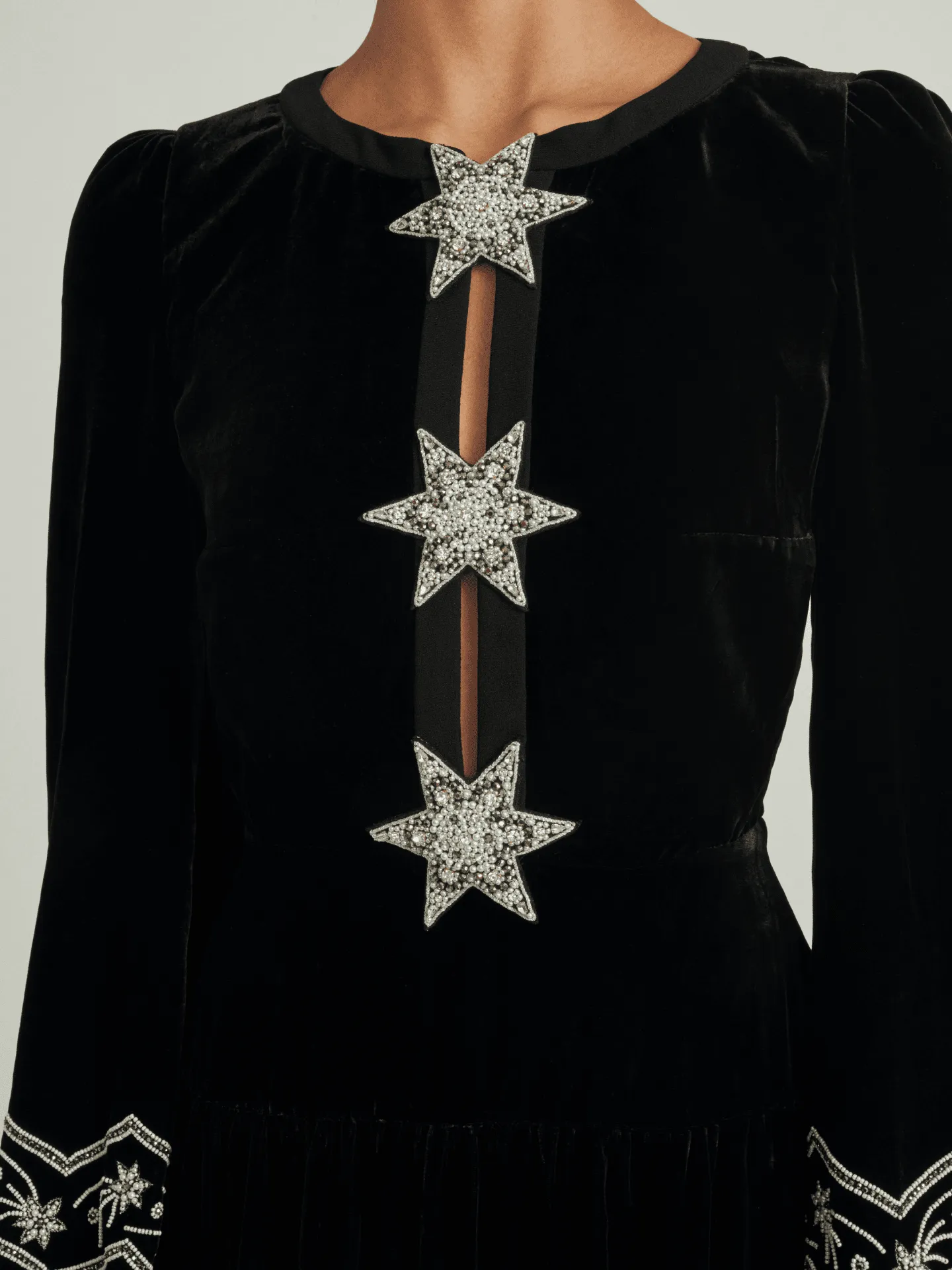 Camille B embellished pearl stars velvet dress in black