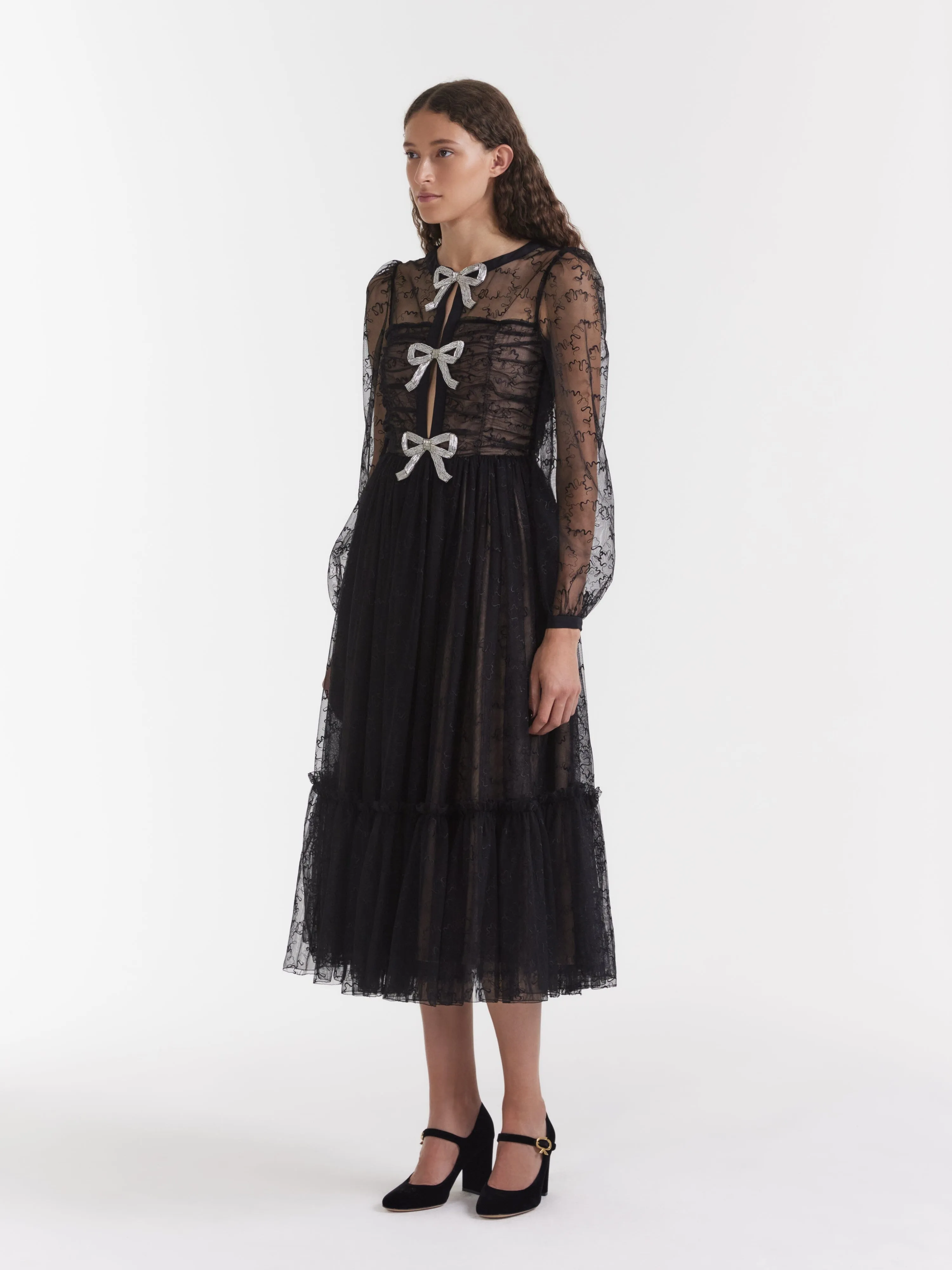 Camille Tulle Bugle Bows Dress in Black