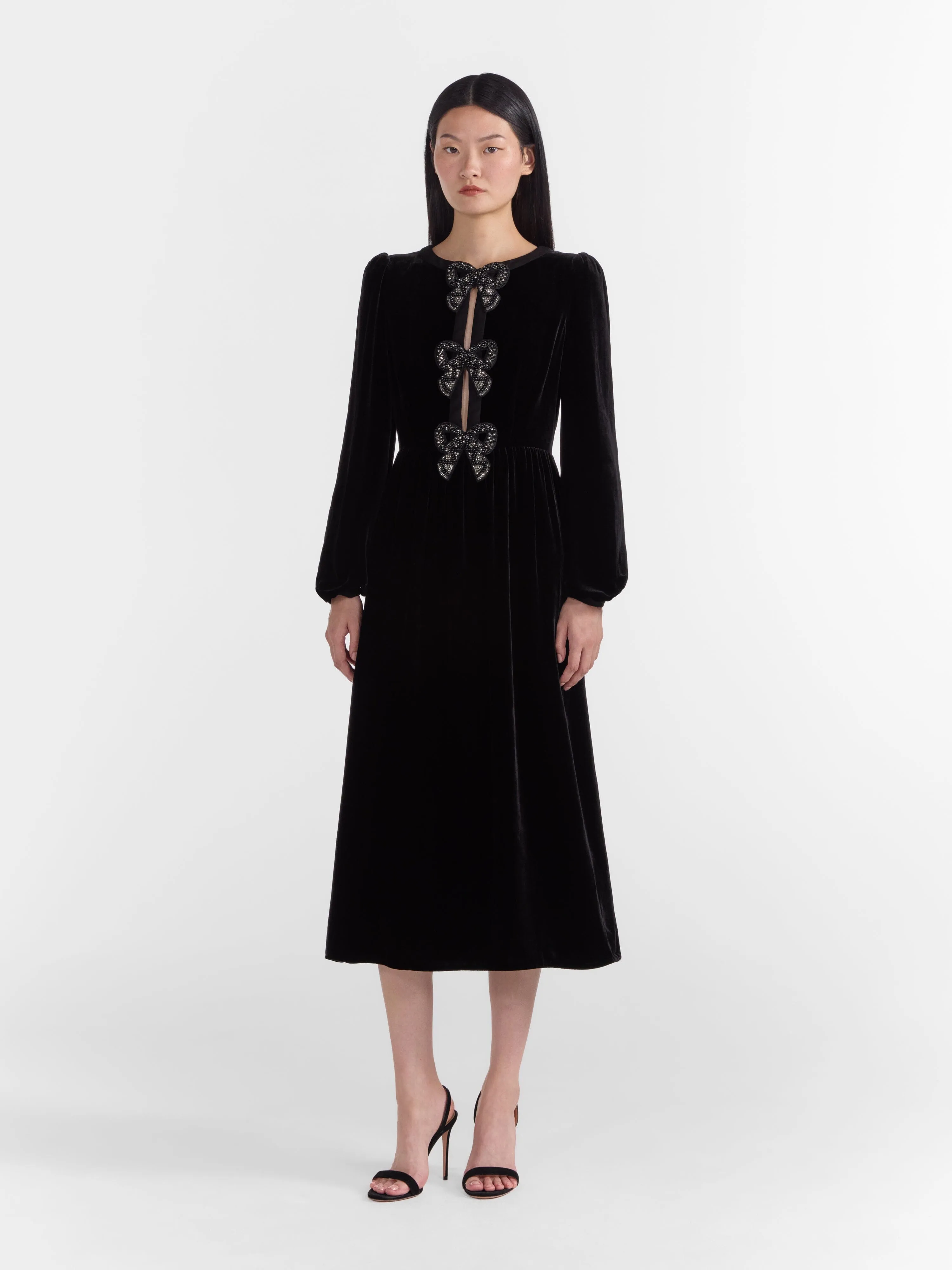 Camille Velvet Black Bows Dress in Black