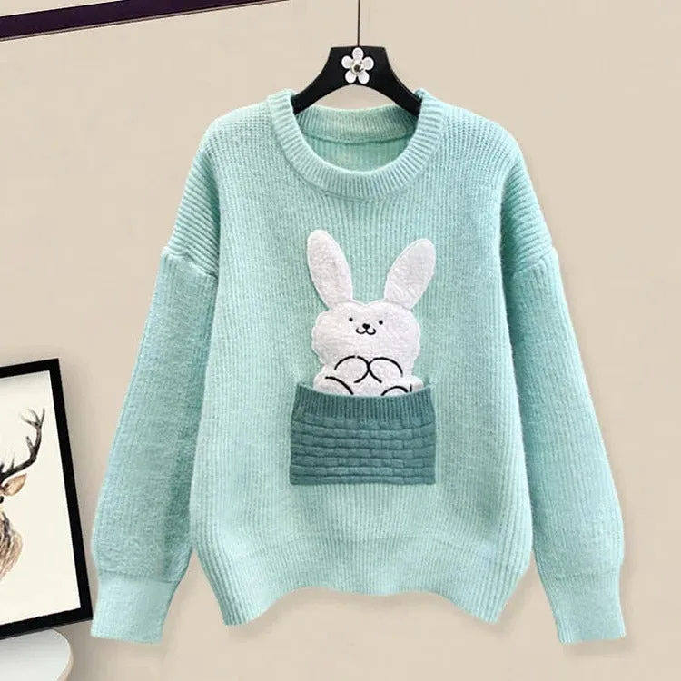 Cartoon Bunny Embroidery Knit Sweater Casual Pants Two Piece Set