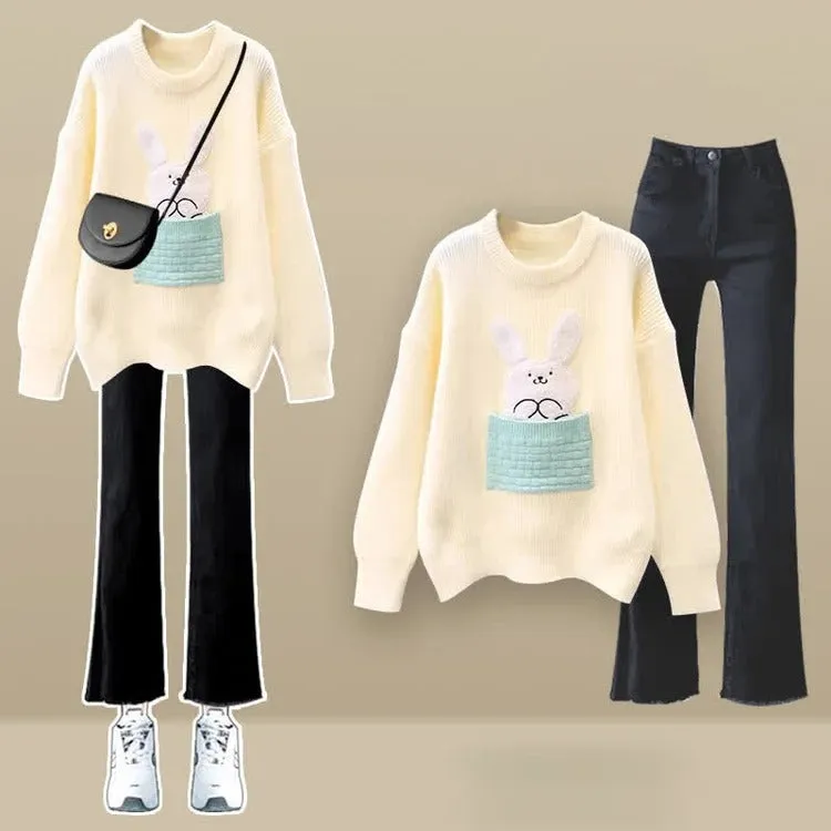 Cartoon Bunny Embroidery Knit Sweater Casual Pants Two Piece Set