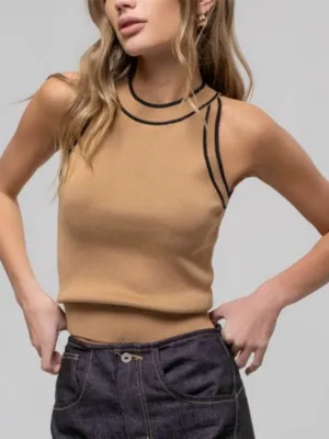 Celeste Contrast Knit Halter Top - Camel