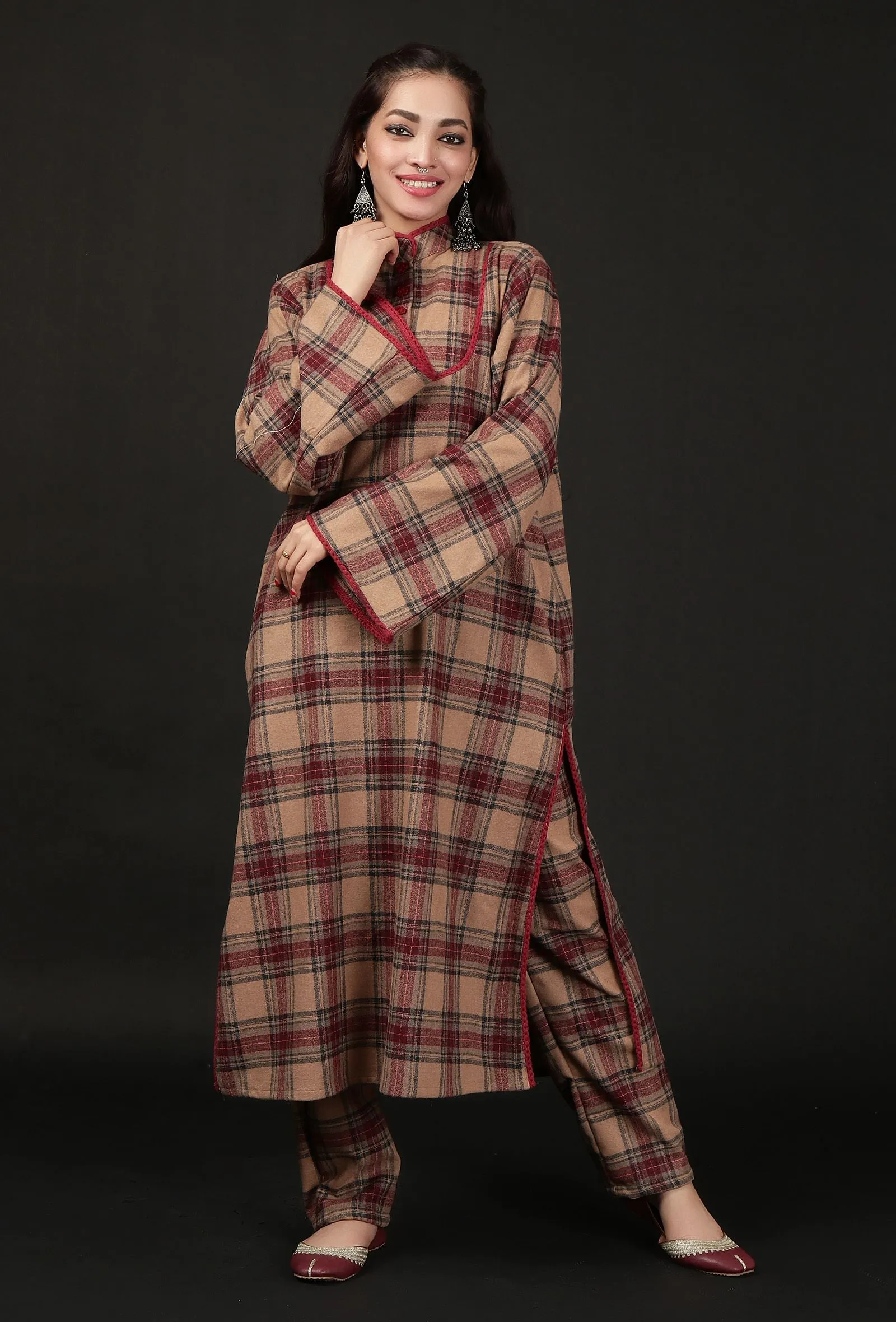 Chestnut Brown Woven Tartan Checks Lace Detailed Phiran Kurta With Pockets