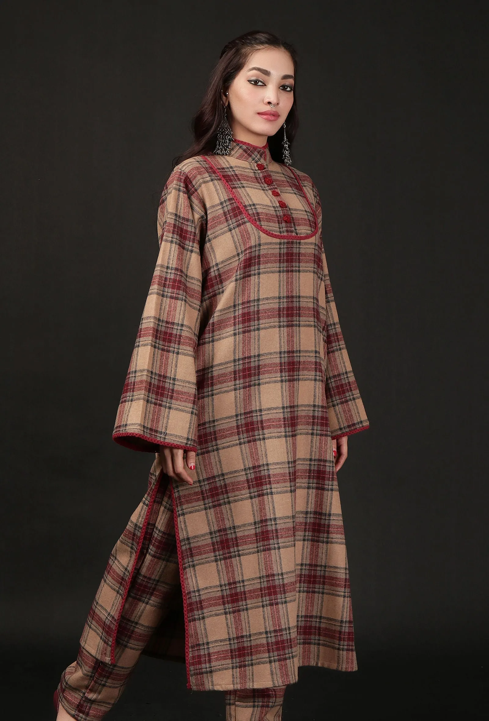 Chestnut Brown Woven Tartan Checks Lace Detailed Phiran Kurta With Pockets