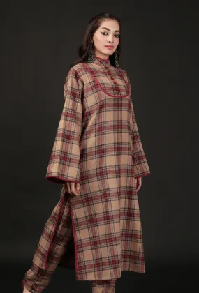 Chestnut Brown Woven Tartan Checks Lace Detailed Phiran Kurta With Pockets