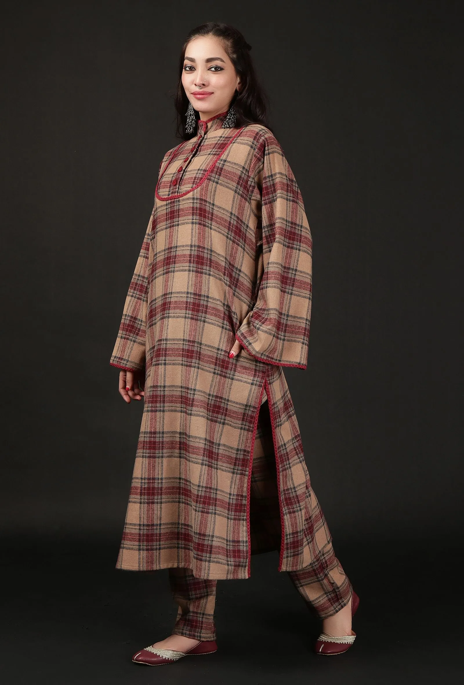 Chestnut Brown Woven Tartan Checks Lace Detailed Phiran Kurta With Pockets