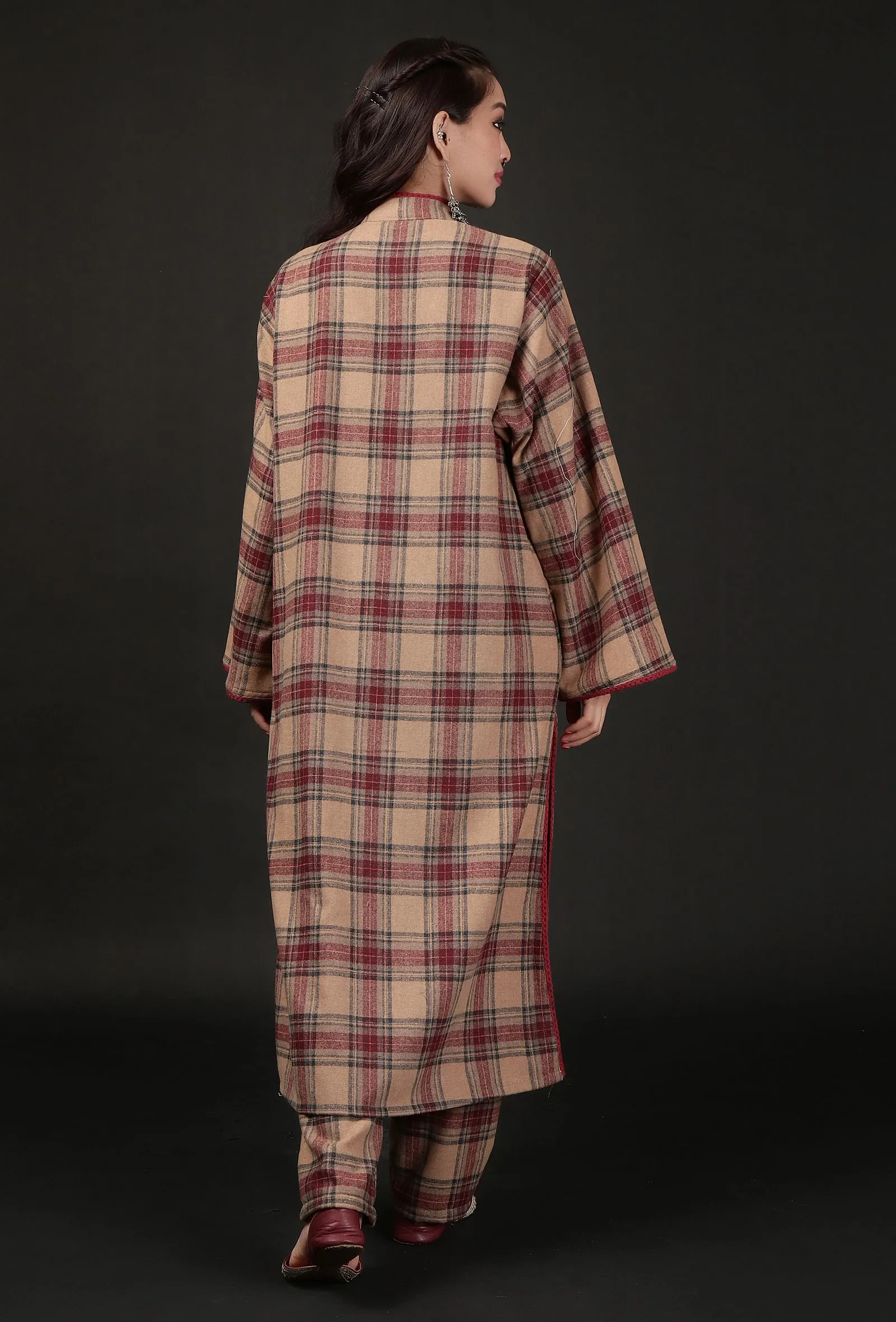 Chestnut Brown Woven Tartan Checks Lace Detailed Phiran Kurta With Pockets