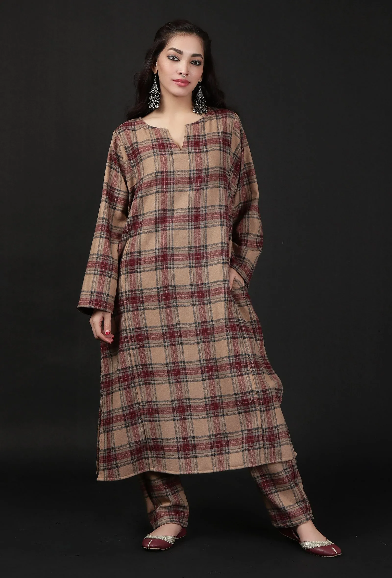 Chestnut Brown Woven Tartan Checks Phiran Kurta With Pockets